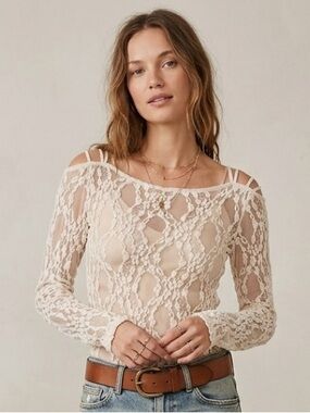 Free People Intimately Free Sz M Sheer Cream Lace Long Sleeves Boho Top